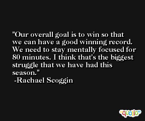 Our overall goal is to win so that we can have a good winning record. We need to stay mentally focused for 80 minutes. I think that's the biggest struggle that we have had this season. -Rachael Scoggin