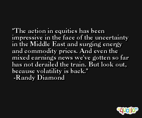 The action in equities has been impressive in the face of the uncertainty in the Middle East and surging energy and commodity prices. And even the mixed earnings news we've gotten so far has not derailed the train. But look out, because volatility is back. -Randy Diamond