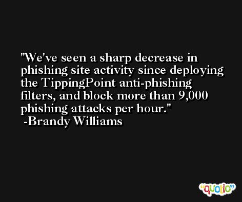 We've seen a sharp decrease in phishing site activity since deploying the TippingPoint anti-phishing filters, and block more than 9,000 phishing attacks per hour. -Brandy Williams