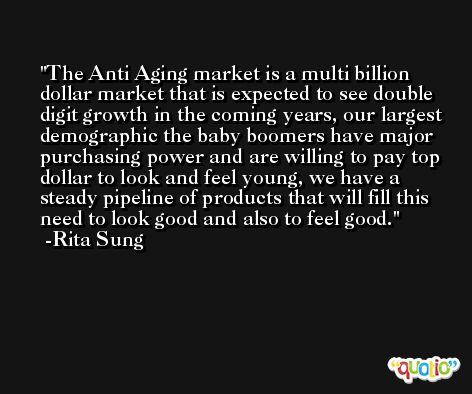 The Anti Aging market is a multi billion dollar market that is expected to see double digit growth in the coming years, our largest demographic the baby boomers have major purchasing power and are willing to pay top dollar to look and feel young, we have a steady pipeline of products that will fill this need to look good and also to feel good. -Rita Sung
