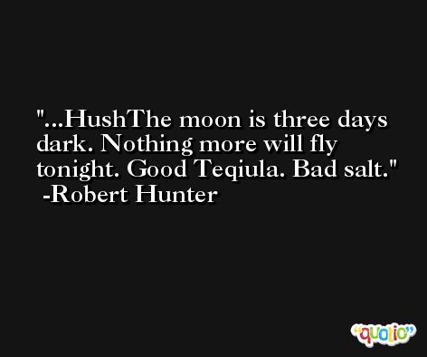 ...HushThe moon is three days dark. Nothing more will fly tonight. Good Teqiula. Bad salt. -Robert Hunter