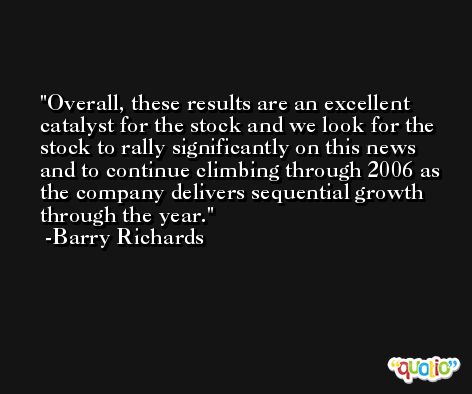 Overall, these results are an excellent catalyst for the stock and we look for the stock to rally significantly on this news and to continue climbing through 2006 as the company delivers sequential growth through the year. -Barry Richards