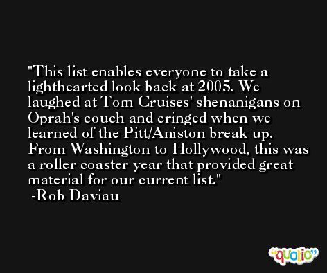 This list enables everyone to take a lighthearted look back at 2005. We laughed at Tom Cruises' shenanigans on Oprah's couch and cringed when we learned of the Pitt/Aniston break up. From Washington to Hollywood, this was a roller coaster year that provided great material for our current list. -Rob Daviau