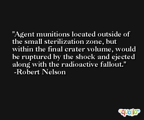 Agent munitions located outside of the small sterilization zone, but within the final crater volume, would be ruptured by the shock and ejected along with the radioactive fallout. -Robert Nelson
