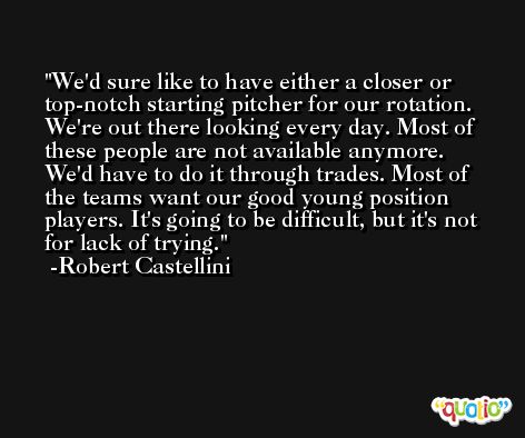 We'd sure like to have either a closer or top-notch starting pitcher for our rotation. We're out there looking every day. Most of these people are not available anymore. We'd have to do it through trades. Most of the teams want our good young position players. It's going to be difficult, but it's not for lack of trying. -Robert Castellini