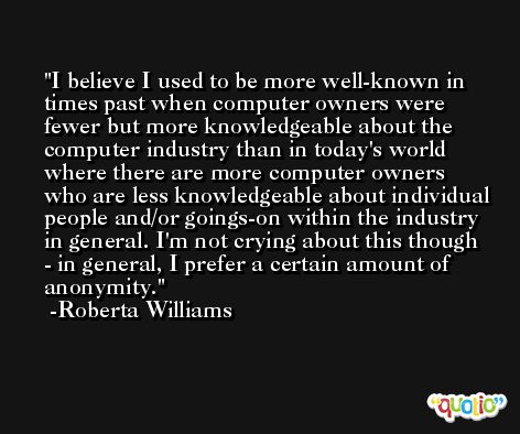 I believe I used to be more well-known in times past when computer owners were fewer but more knowledgeable about the computer industry than in today's world where there are more computer owners who are less knowledgeable about individual people and/or goings-on within the industry in general. I'm not crying about this though - in general, I prefer a certain amount of anonymity. -Roberta Williams