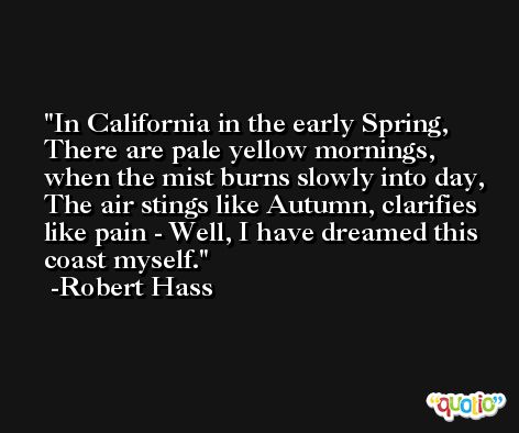 In California in the early Spring, There are pale yellow mornings, when the mist burns slowly into day, The air stings like Autumn, clarifies like pain - Well, I have dreamed this coast myself. -Robert Hass