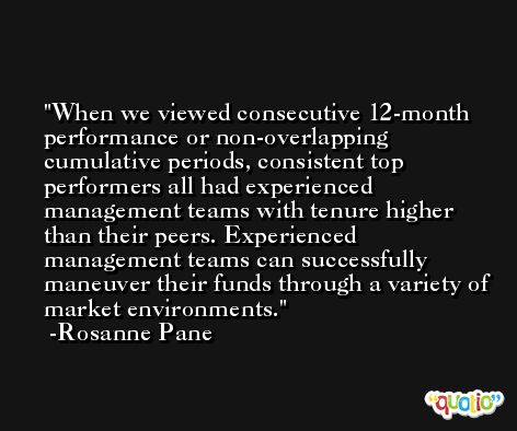 When we viewed consecutive 12-month performance or non-overlapping cumulative periods, consistent top performers all had experienced management teams with tenure higher than their peers. Experienced management teams can successfully maneuver their funds through a variety of market environments. -Rosanne Pane