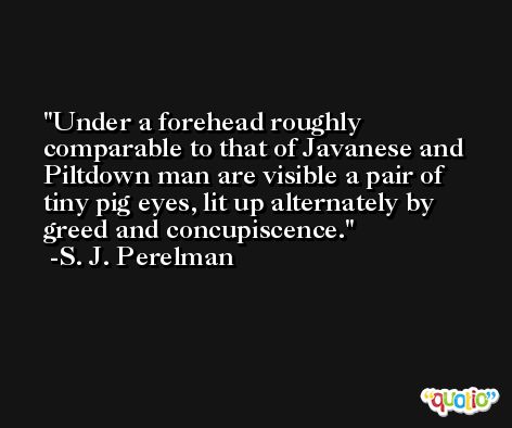 Under a forehead roughly comparable to that of Javanese and Piltdown man are visible a pair of tiny pig eyes, lit up alternately by greed and concupiscence. -S. J. Perelman
