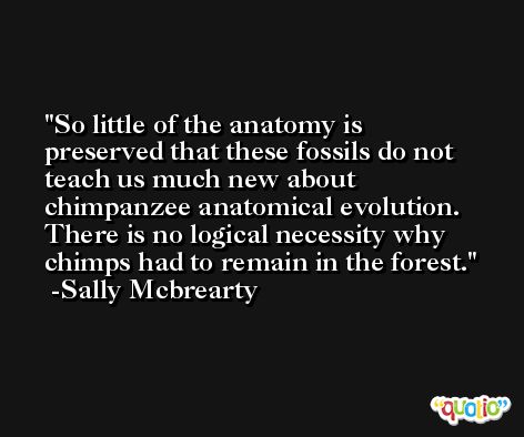 So little of the anatomy is preserved that these fossils do not teach us much new about chimpanzee anatomical evolution. There is no logical necessity why chimps had to remain in the forest. -Sally Mcbrearty