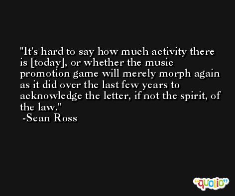 It's hard to say how much activity there is [today], or whether the music promotion game will merely morph again as it did over the last few years to acknowledge the letter, if not the spirit, of the law. -Sean Ross