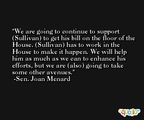We are going to continue to support (Sullivan) to get his bill on the floor of the House. (Sullivan) has to work in the House to make it happen. We will help him as much as we can to enhance his efforts, but we are (also) going to take some other avenues. -Sen. Joan Menard