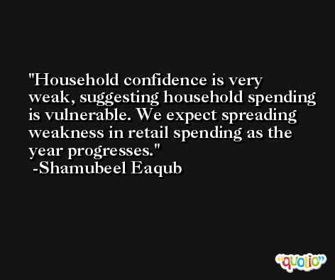 Household confidence is very weak, suggesting household spending is vulnerable. We expect spreading weakness in retail spending as the year progresses. -Shamubeel Eaqub