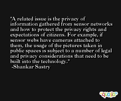 A related issue is the privacy of information gathered from sensor networks and how to protect the privacy rights and expectations of citizens. For example, if sensor webs have cameras attached to them, the usage of the pictures taken in public spaces is subject to a number of legal and privacy considerations that need to be built into the technology. -Shankar Sastry