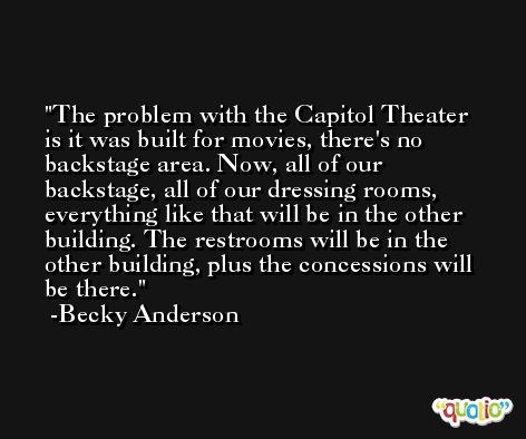 The problem with the Capitol Theater is it was built for movies, there's no backstage area. Now, all of our backstage, all of our dressing rooms, everything like that will be in the other building. The restrooms will be in the other building, plus the concessions will be there. -Becky Anderson