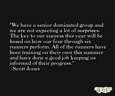 We have a senior dominated group and we are not expecting a lot of surprises. The key to our success this year will be based on how our four through six runners perform. All of the runners have been training on their own this summer and have done a good job keeping us informed of their progress. -Scott Jones