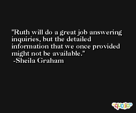 Ruth will do a great job answering inquiries, but the detailed information that we once provided might not be available. -Sheila Graham