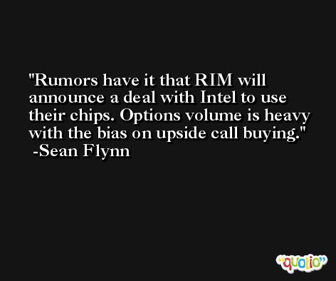Rumors have it that RIM will announce a deal with Intel to use their chips. Options volume is heavy with the bias on upside call buying. -Sean Flynn