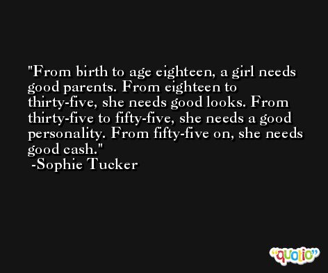 From birth to age eighteen, a girl needs good parents. From eighteen to thirty-five, she needs good looks. From thirty-five to fifty-five, she needs a good personality. From fifty-five on, she needs good cash. -Sophie Tucker