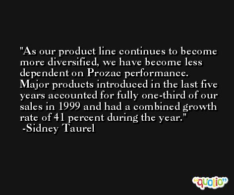 As our product line continues to become more diversified, we have become less dependent on Prozac performance. Major products introduced in the last five years accounted for fully one-third of our sales in 1999 and had a combined growth rate of 41 percent during the year. -Sidney Taurel
