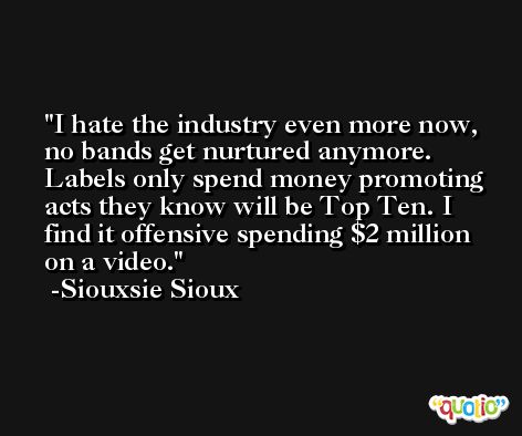 I hate the industry even more now, no bands get nurtured anymore. Labels only spend money promoting acts they know will be Top Ten. I find it offensive spending $2 million on a video. -Siouxsie Sioux