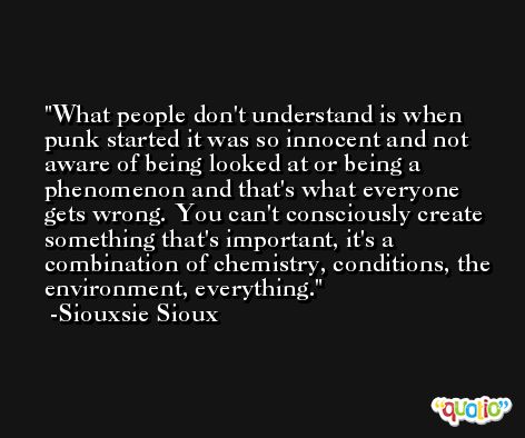What people don't understand is when punk started it was so innocent and not aware of being looked at or being a phenomenon and that's what everyone gets wrong. You can't consciously create something that's important, it's a combination of chemistry, conditions, the environment, everything. -Siouxsie Sioux