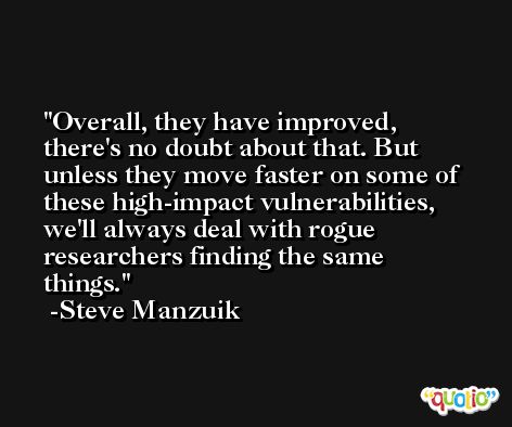 Overall, they have improved, there's no doubt about that. But unless they move faster on some of these high-impact vulnerabilities, we'll always deal with rogue researchers finding the same things. -Steve Manzuik