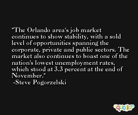 The Orlando area's job market continues to show stability, with a sold level of opportunities spanning the corporate, private and public sectors. The market also continues to boast one of the nation's lowest unemployment rates, which stood at 3.3 percent at the end of November. -Steve Pogorzelski