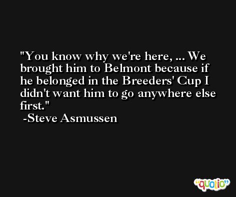 You know why we're here, ... We brought him to Belmont because if he belonged in the Breeders' Cup I didn't want him to go anywhere else first. -Steve Asmussen