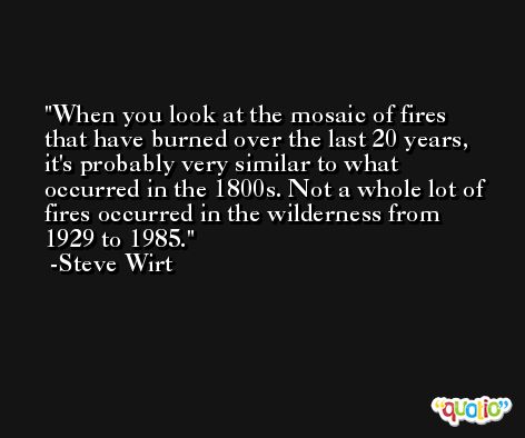 When you look at the mosaic of fires that have burned over the last 20 years, it's probably very similar to what occurred in the 1800s. Not a whole lot of fires occurred in the wilderness from 1929 to 1985. -Steve Wirt