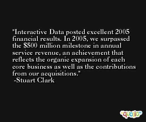 Interactive Data posted excellent 2005 financial results. In 2005, we surpassed the $500 million milestone in annual service revenue, an achievement that reflects the organic expansion of each core business as well as the contributions from our acquisitions. -Stuart Clark