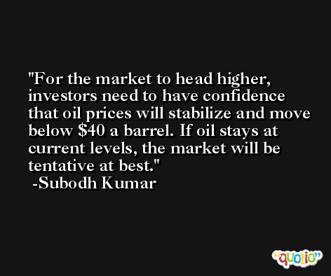 For the market to head higher, investors need to have confidence that oil prices will stabilize and move below $40 a barrel. If oil stays at current levels, the market will be tentative at best. -Subodh Kumar