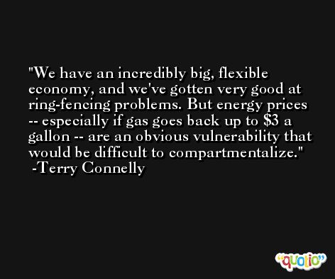 We have an incredibly big, flexible economy, and we've gotten very good at ring-fencing problems. But energy prices -- especially if gas goes back up to $3 a gallon -- are an obvious vulnerability that would be difficult to compartmentalize. -Terry Connelly