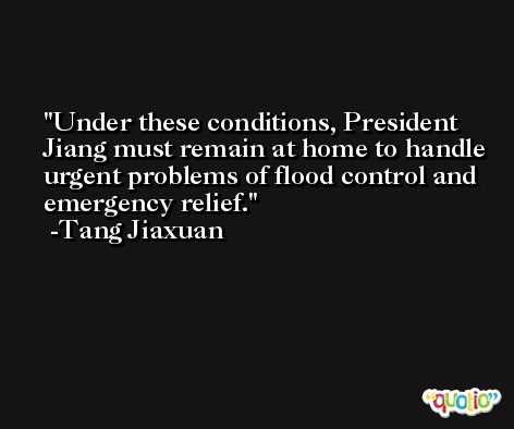 Under these conditions, President Jiang must remain at home to handle urgent problems of flood control and emergency relief. -Tang Jiaxuan