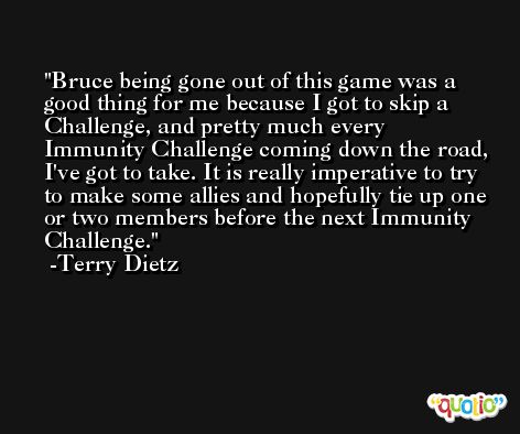 Bruce being gone out of this game was a good thing for me because I got to skip a Challenge, and pretty much every Immunity Challenge coming down the road, I've got to take. It is really imperative to try to make some allies and hopefully tie up one or two members before the next Immunity Challenge. -Terry Dietz