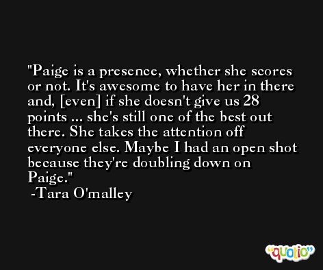 Paige is a presence, whether she scores or not. It's awesome to have her in there and, [even] if she doesn't give us 28 points ... she's still one of the best out there. She takes the attention off everyone else. Maybe I had an open shot because they're doubling down on Paige. -Tara O'malley