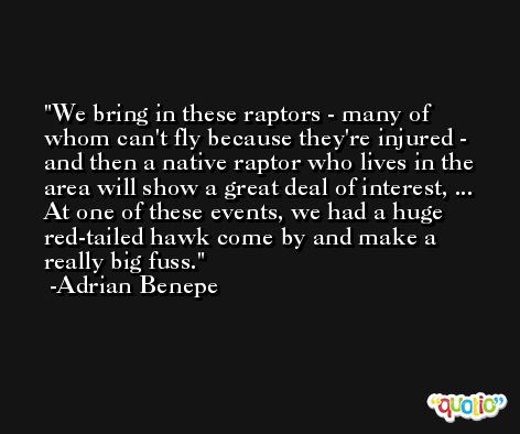 We bring in these raptors - many of whom can't fly because they're injured - and then a native raptor who lives in the area will show a great deal of interest, ... At one of these events, we had a huge red-tailed hawk come by and make a really big fuss. -Adrian Benepe