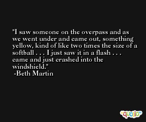 I saw someone on the overpass and as we went under and came out, something yellow, kind of like two times the size of a softball . . . I just saw it in a flash . . . came and just crashed into the windshield. -Beth Martin