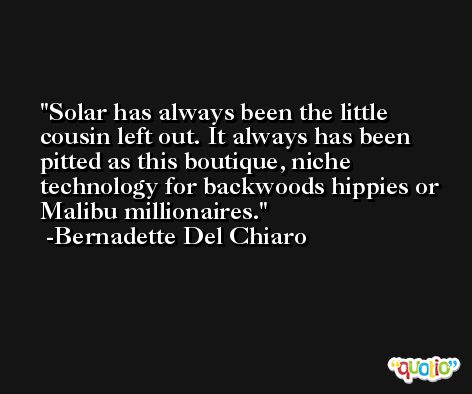 Solar has always been the little cousin left out. It always has been pitted as this boutique, niche technology for backwoods hippies or Malibu millionaires. -Bernadette Del Chiaro