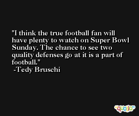 I think the true football fan will have plenty to watch on Super Bowl Sunday. The chance to see two quality defenses go at it is a part of football. -Tedy Bruschi