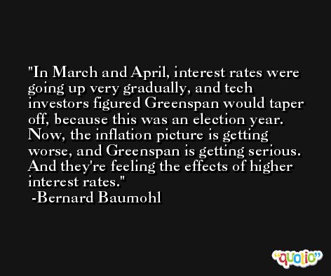 In March and April, interest rates were going up very gradually, and tech investors figured Greenspan would taper off, because this was an election year. Now, the inflation picture is getting worse, and Greenspan is getting serious. And they're feeling the effects of higher interest rates. -Bernard Baumohl