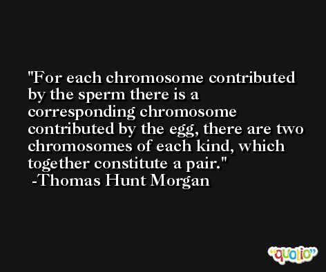 For each chromosome contributed by the sperm there is a corresponding chromosome contributed by the egg, there are two chromosomes of each kind, which together constitute a pair. -Thomas Hunt Morgan