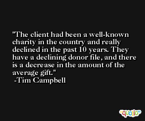The client had been a well-known charity in the country and really declined in the past 10 years. They have a declining donor file, and there is a decrease in the amount of the average gift. -Tim Campbell