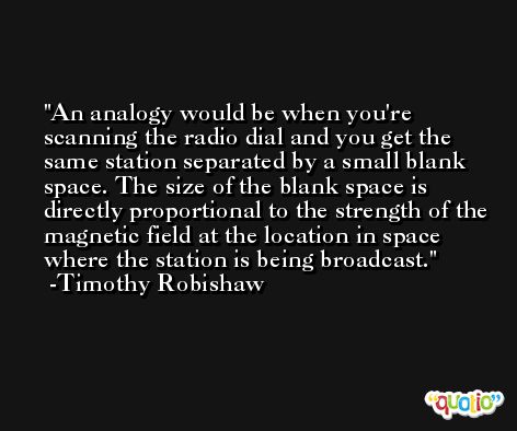 An analogy would be when you're scanning the radio dial and you get the same station separated by a small blank space. The size of the blank space is directly proportional to the strength of the magnetic field at the location in space where the station is being broadcast. -Timothy Robishaw