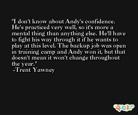 I don't know about Andy's confidence. He's practiced very well, so it's more a mental thing than anything else. He'll have to fight his way through it if he wants to play at this level. The backup job was open in training camp and Andy won it, but that doesn't mean it won't change throughout the year. -Trent Yawney