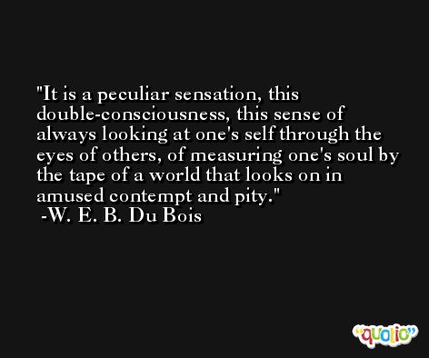 It is a peculiar sensation, this double-consciousness, this sense of always looking at one's self through the eyes of others, of measuring one's soul by the tape of a world that looks on in amused contempt and pity. -W. E. B. Du Bois