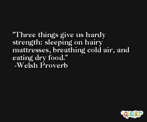 Three things give us hardy strength: sleeping on hairy mattresses, breathing cold air, and eating dry food. -Welsh Proverb