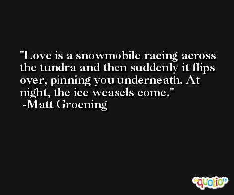 Love is a snowmobile racing across the tundra and then suddenly it flips over, pinning you underneath. At night, the ice weasels come. -Matt Groening