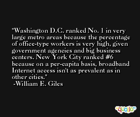 Washington D.C. ranked No. 1 in very large metro areas because the percentage of office-type workers is very high, given government agencies and big business centers. New York City ranked #6 because on a per-capita basis, broadband Internet access isn't as prevalent as in other cities. -William E. Giles