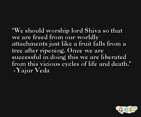 We should worship lord Shiva so that we are freed from our worldly attachments just like a fruit falls from a tree after ripening. Once we are successful in doing this we are liberated from this vicious cycles of life and death. -Yajur Veda